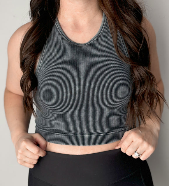 Washed Ribbed Cropped Tank-Black