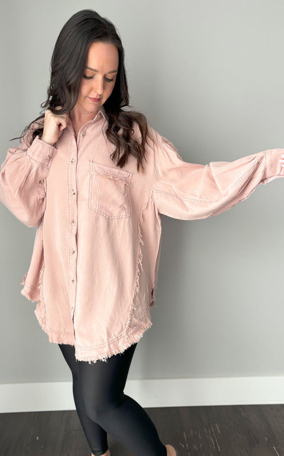 Oversized Frayed Blush Chambray Top