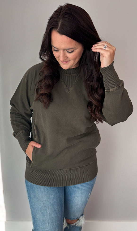 Dark Olive Pocket Pullover