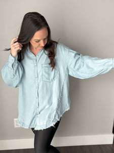 Oversized Frayed Chambray Top